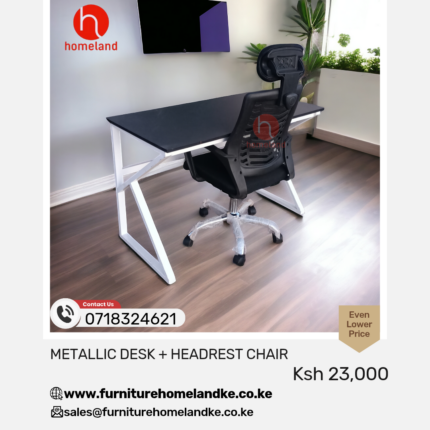 Metallic office desk and headrest chair set for a professional ergonomic workspace
