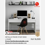 Sleek metallic study desk paired with iconic Eames office chair in contemporary workspace setting