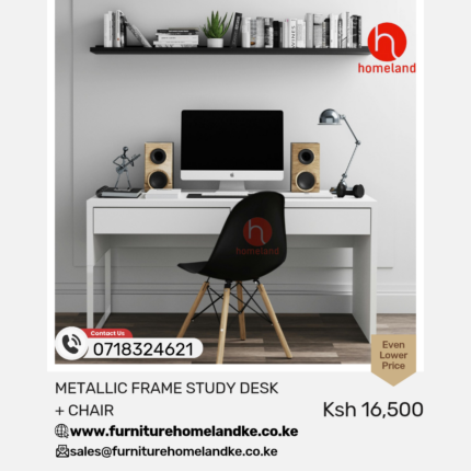 Sleek metallic study desk paired with iconic Eames office chair in contemporary workspace setting