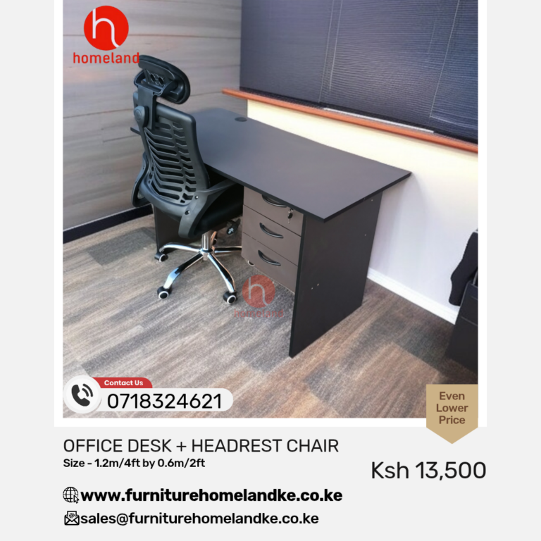 1.2M Office Desk and Ergonomic Headrest Office Chair – Modern office workstation setup with a spacious desk and comfortable adjustable chair for enhanced productivity and posture support.