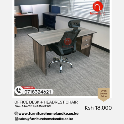 1400mm office desk and ergonomic chair with headrest for a productive modern workspace.