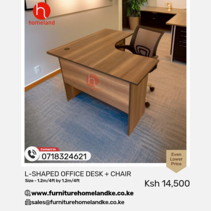 L-shaped office desk with storage drawers and an ergonomic mesh chair, designed for a comfortable and modern workspace.