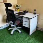 1200mm White Office Desk with Ergonomic Headrest Chair for Stylish and Comfortable Workspaces