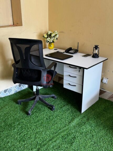 1200mm White Office Desk with Ergonomic High Back Chair for Comfortable and Professional Workspaces