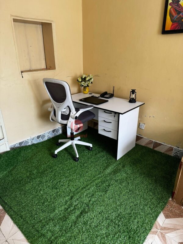 1200mm White Office Desk with White Ergonomic Headrest Chair for Stylish and Comfortable Workspaces