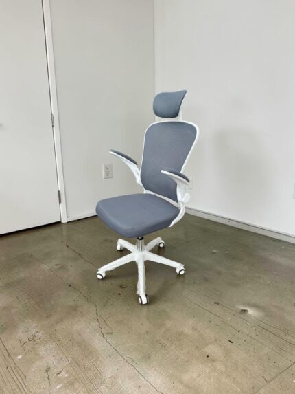 Grey highback ergonomic office chair with headrest and white frame