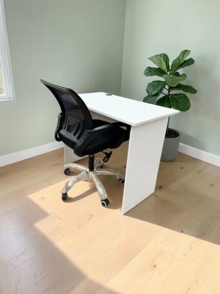 White study desk with black swivel mesh office chair for home study and workspace