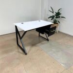 Executive Metallic Office Desk with White Tabletop and Black Metal Frame