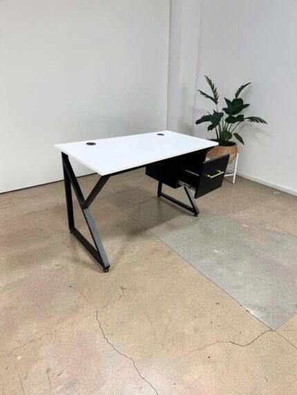 Executive Metallic Office Desk with White Tabletop and Black Metal Frame
